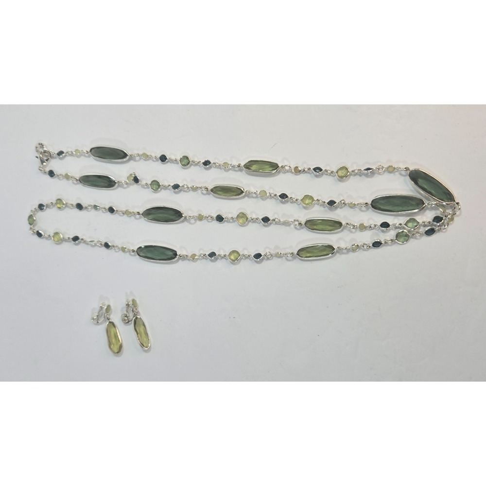 Anne Klein Silver Tone Necklace & Clip-On Earrings Set Green Stones | Signed Kle